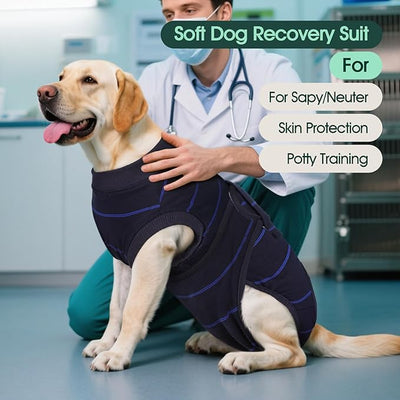 Kuoser Dog Surgery Recovery Suit, Soft Breathable Dog Recovery Suit for Female Spay Male Nueuter, Anti Licking Puppy Onesie Pet Surgical Suit for Dogs Abdominal Wounds Skin Disease, Blue Strips 2XL