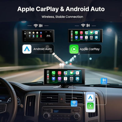 WonVon Wireless Car Play Screen, 10.26'' Monitor with Apple Carplay & Android Auto, 4K Dash Cam 64G, 1080P Backup Camera, Portable Smart Touch Tablet Stereo Multimedia Dashboard, Bluetooth/FM/GPS/AUX