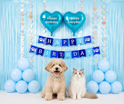 Pet Birthday Decorations Set for Boy Dog & Cat, Birthday Party Supplies with Blue Fringe Backdrop, Happy Birthday Banner & Heart Balloons, Cute Photo Props for Pet Milestone