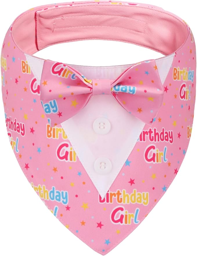 ADOGGYGO Birthday Girl Dog Tuxedo Bandana, Pink Collar with Bow Tie, Adjustable Formal Birthday Costume for Medium Dogs (M)