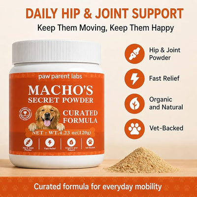 Machos Secret Powder, Paw Parent Labs Green lipped Mussel, Support Dog Cartilage & Bone Health, Joint Mobility & Flexibility, 4.23 oz