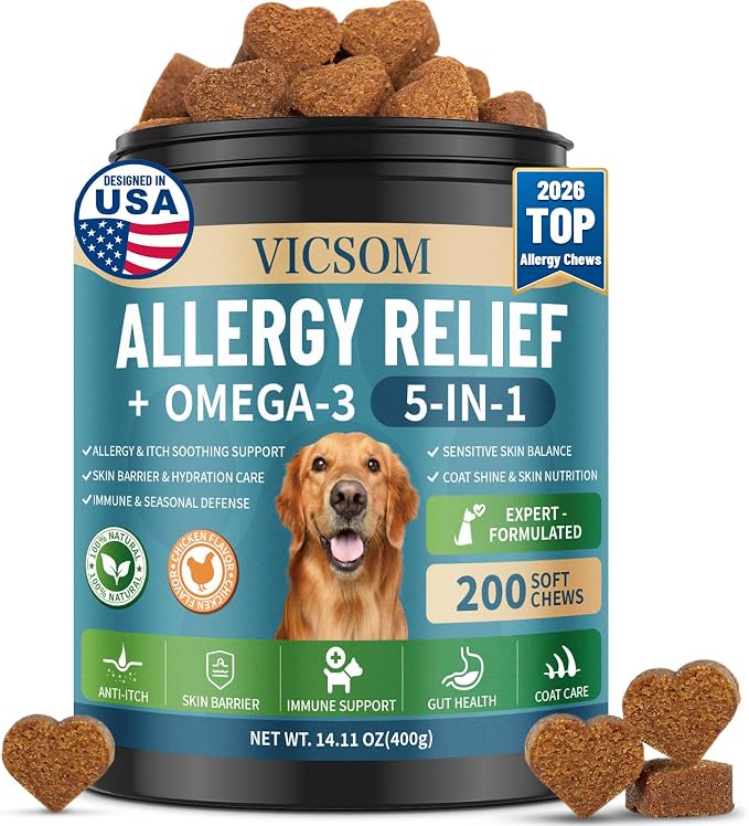 Dog Allergy Chews Omega 3 is Human, Dog Allergy Relief Itch Relief, 200 Chews Anti-Itch for Dogs Itchy Skin, Ear & Paw Licking, Allergy Relief Chews with Probiotics Fish Oil for Gut, Immune & Coat