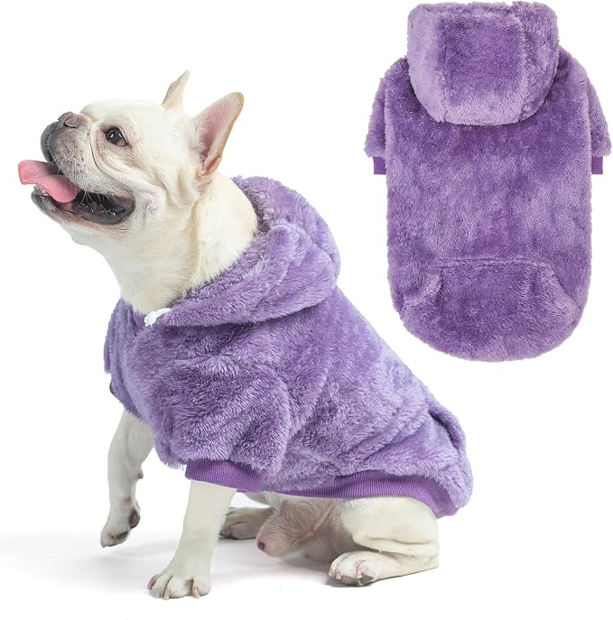 SCENEREAL Fleece Dog Sweaters Hoodie for Small Medium Large Dogs Girls Boys, Plush Fuzzy Dog Clothes Hoodies with Leash Hole, Winter/Fall Puppy Cold Weather Coat, Sherpa Hooded Sweatshirt, Purple M