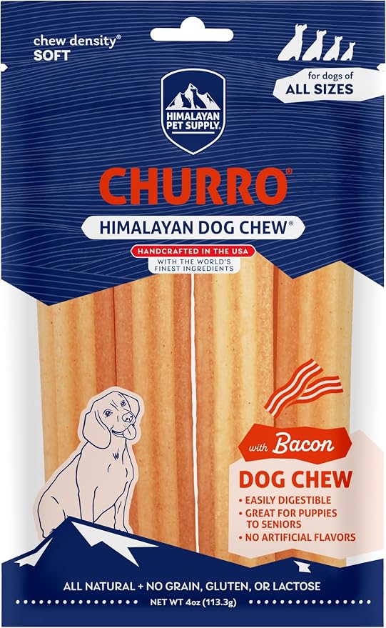 Himalayan Dog Chew Churro Yak Cheese Dog Chews, 100% Natural, Long Lasting, Gluten Free, Healthy & Safe Dog Treats, Lactose & Grain Free, Protein Rich, For All Breeds, Soft, Real Bacon Flavor, 4 Pack