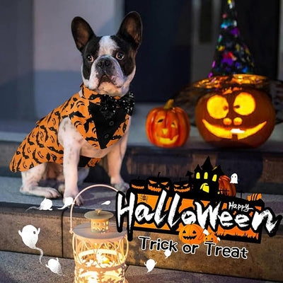 Kuoser Dog Tuxedo Suit and Bandana Set, Bat Pumpkin Print Dogs Halloween Outfit Adjustable Dog Halloween Costume with Bow Tie for Large Medium Small Dogs Golden Retriever Samo Bulldogs, Orange L