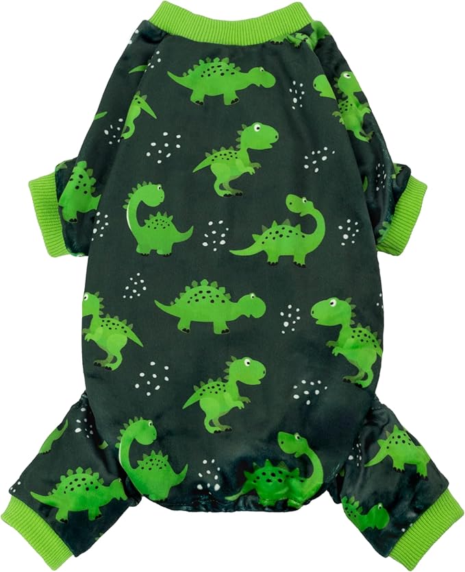 Fitwarm Dinosaur Dog Fleece Pajamas, Warm Clothes for Small Dogs Boy, Cozy Pet Onesie with Feet, Dark Green, Bright Green, XS