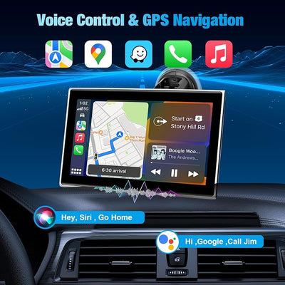 Carplay Screen for Car，7" Portable Wireless Carplay & Android Auto - HD Touchscreen Car Play with Bluetooth, Mirror Link, Live Map,Voice Control, FM Transmit (Silver)