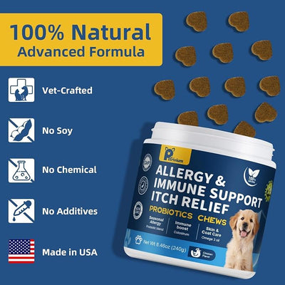 Dogs Allergy Relief Chews, Dog Probiotics for Skin & Immune Support Helps Relieve Itchy Skin & Ear, Dog Allergy Supplement for Paw Licking, Itching Skin Relief with Colostrum, Fish Oil