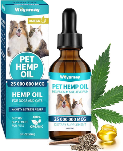 Woyamay Hemp Oil for Dogs and Cats - Hemp Oil Drops Rich in Omega 3, 6, 9 and Organic Extract Helps Pets with Аnxiеty, Pаin, Strеss, Slееp, Аrthritis, Sеizures Rеlief, Pets Calming Treat-1 Pack