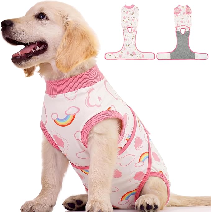 Kuoser Dog Surgery Recovery Suit, Soft Breathable Dog Recovery Suit for Female Spay Male Nueuter, Anti Licking Puppy Onesie Pet Surgical Suit for Dogs Abdominal Wounds Skin Disease, Rainbow S