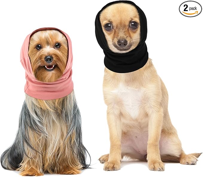 Frienda 2 Pcs Dog Ear Muffs Dog Calming Ear Cover Anxiety Relief Cover Face Neck Warmer Quiet Head Sleeves for Noise Bathing Grooming Drying(Small,Black, Pink)
