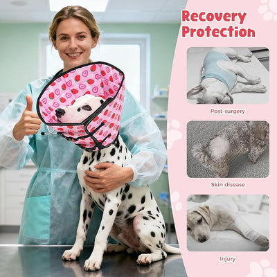 Avont Dog Cone Alternative, Adjustable Soft Comfy Foldable E Cones for Medium Large Dogs After Surgery, Escape-Proof Elizabethan Collar for Surgical Wound Recovery Stop Licking -Strawberry(S)