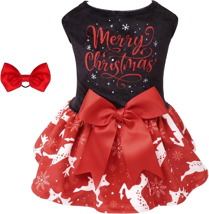 CuteBone Merry Christmas Dog Dress Velvet for Small Dogs Girl Reindeer Puppy Dresses Red Dog Clothes