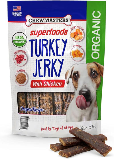 Chewmasters Organic Turkey Jerky with Chicken Dog Treat - High Protein, Grain Free and Gluten Free Healthy Dog Treats, Real Turkey Meat Snack, Jerky Dog Treats, Low Fat, Made in USA, 2 lb