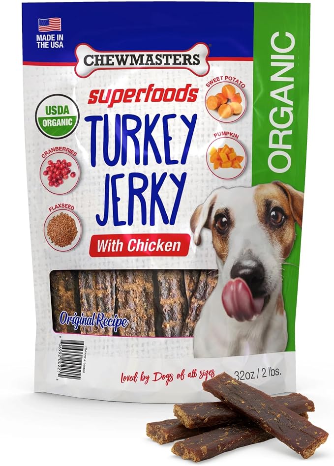 Chewmasters Organic Turkey Jerky with Chicken Dog Treat - High Protein, Grain Free and Gluten Free Healthy Dog Treats, Real Turkey Meat Snack, Jerky Dog Treats, Low Fat, Made in USA, 2 lb