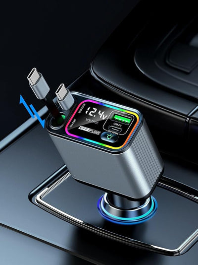 Dual Retractable Car Charger USB C, 145W Fast Charging Type C Car Charger with Retractable Cable, Compatible with iPhone 17/16/15/Air, Samsung S25/24/23/22, Pixel 9/8/7 - Grey