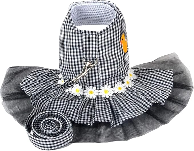 Small Dog Dress with Leash Set Adjustable Dog Harness Dress with D Ring Breathable Walk Doggie Outfits for Puppy Girl and Cat (L,Black)