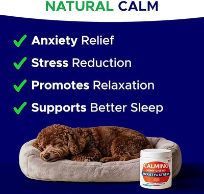 Advanced Calming Chews for Dogs - Hemp Treat + Melatonin + Valerian - Relaxing Bites - Calming Care - Anti-Anxiety & Stress Relief - Made in USA - Calm, Sleep Aid, Storms - 120Ct