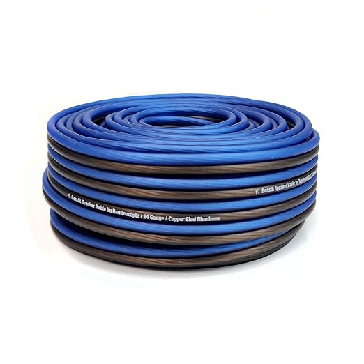 KnuKonceptz Bassik 14 Gauge AWG Speaker Wire Cable with Soft Touch Ultra Flex PVC for Home Theater Speakers and Car Audio - Blue/Black 50 Feet