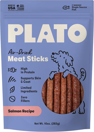 Plato Meat Sticks Salmon Dog Treats, Air-Dried High-Protein Soft Chews with Omega Fish Oil (EPA & DHA), 10 oz