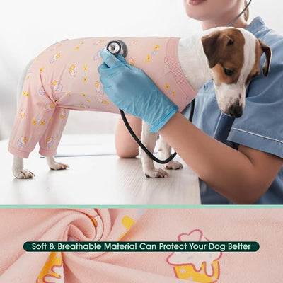 Kuoser Dog Recovery Suit with Anti Licking Rear Leg Sleeve, PinkCake M | Abdominal Dog Surgical Suit with Pants Cover Protect Wounds, Dogs Elbow Protector Soft Pet Surgery Onesie Cone Alternative