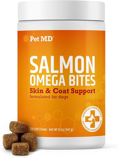 Pet MD Salmon Oil Chews for Dogs - Dog Skin and Coat Supplement - 120ct | Omega 3 & 6 for Pets with DHA & EPA - Promotes Allergy & Dry Skin Relief
