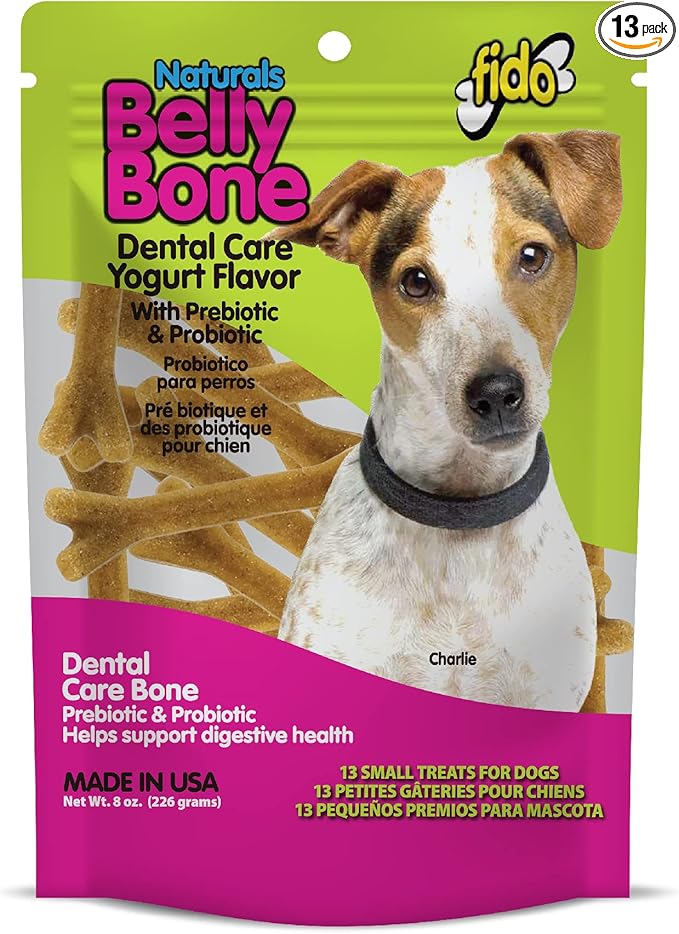 Fido - Belly Bones for Dogs, 13 Yogurt Flavor Small Dog Dental Treats (Made in USA) - 13 Count Dog Treats for Small Dogs - Plaque and Tartar Control for Fresh Breath, Digestive Health Support