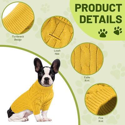 Small Dog Thermal Pullover Sweater, Classic Turtleneck Cable Knitwear Dog Clothes for Cold Weather Warm Pet Clothes for Chihuahua, Bulldog, Dachshund, Pug Yellow Medium
