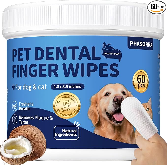 Dog & Cat Tooth Brushing kit - 60Ct Dog Toothbrush & Toothpaste Alternatives, Dental Care Wipes, Heavy Duty Teeth Cleaning, Remove Tartar & Plaque, Breath Freshener(Coconut)
