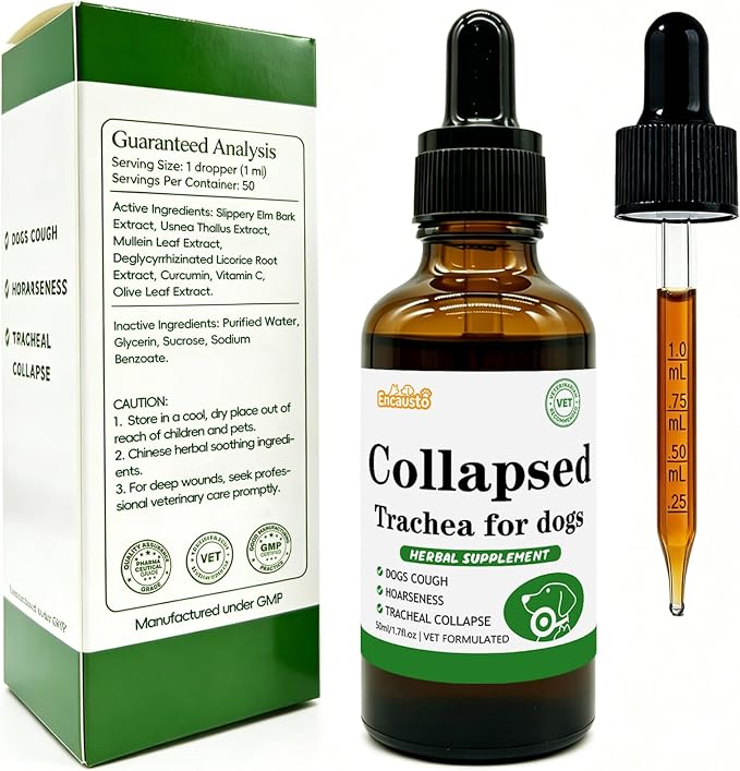 Collapsed Trachea Support for Dogs, Herbal Extract Supplement Soothe Cough & Throat Discomfort with Mullein, Slippery Elm and Olive Leaf, Glass Bottle with Precision Dropper, 1.7 oz