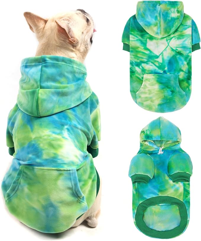 PAWCHIE Dog Hoodie for Small Dogs,Tie Dye Dog Cloth with Leash Hole,Puppy Sweatshirt, Pet Outfit, Cat Apparel, Blue Green SM