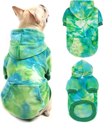 PAWCHIE Dog Hoodie for Small Dogs,Tie Dye Dog Cloth with Leash Hole,Puppy Sweatshirt, Pet Outfit, Cat Apparel, Blue Green SM