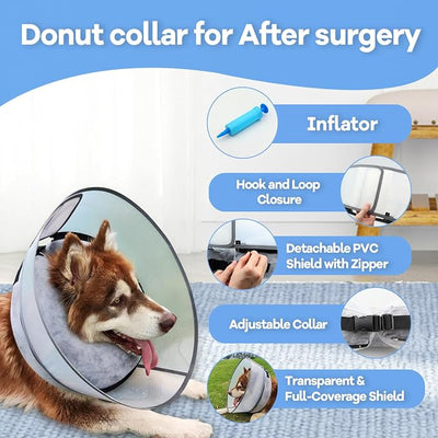 2-in-1 Upgraded Inflatable Dog Cone Collar with Detachable Anti-Licking Shield, Soft (M, Black)