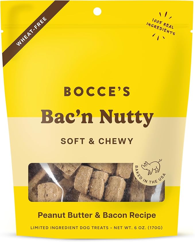Bocce's Bakery Bac'n Nutty Soft & Chewy Dog Treats, Wheat-Free PB & Bacon Flavored All Natural Limited Ingredient Oven Baked Cookies for Dogs, 6 oz Bag