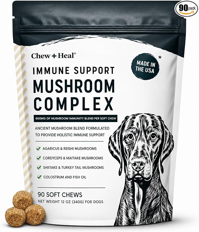 Mushroom Supplement for Dogs with Organic Turkey Tail, Shiitake, Reishi, Colostrum, and Fish Oil - Immune Support Mushroom Complex, 90 Soft Chews - Made in the USA