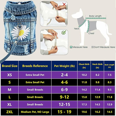 Denim Vest Jacket for Small Medium Dog Clothes Jean Apparel Cute Outfit for Dog Cat Girls Boys Puppy Costume Dog Harness Dress Shirt Chihuahua Yorkie (One Daisy with D Ring, X-Small)