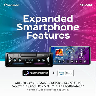 Pioneer SPH-10BT 1-Din Smart Sync Receiver – Bluetooth, Smartphone Mount, Color Change, USB, FLAC, Voice Control, 50W x 4 Output, 13-Band EQ, AM/FM Radio, Front, Rear/SW Selectable RCA Preout