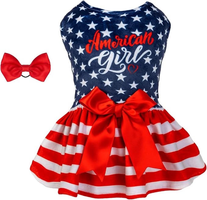 CuteBone Dog Dresses Velvet 4th of July Small Dogs Clothes Onesie Pet Apparel Girl Puppy Skirt with Bow Hair Rope