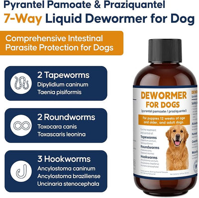 Dewormer for Dogs and Puppies, 7-Way Dog Wormer Oral Liquid with Pyratl Pamot & Prziqtl, Broad Spectrum Worm Support for Tapeworms, Roundworms & Hookworms, 100ml