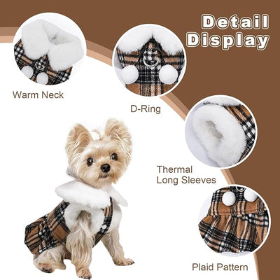 Dog Sweater with Leash Set D Ring Plaid Fleece Dog Clothes for Small Dogs Girl Boy Winter Puppy Dress Cold Weather Coat Fall XXS Sweater for Chihuahua Yorkie Cat Doggy Costumes, Khaki, M