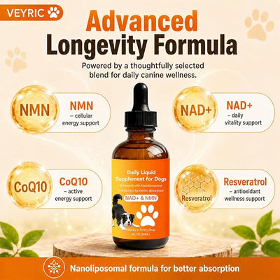 Dog Longevity Supplement with NMN, NAD+, CoQ10 & Resveratrol | Supports Joint Health, Vitality & Healthy Aging – 60-Day Nanoliposomal Drops for Better Absorption