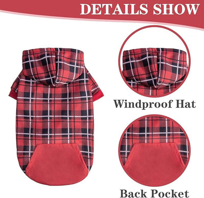 EXPAWLORER Plaid Dog Hoodie - British Style Warm Dog Sweater Shirt with Leash Hole,Pitbull Clothes Outfits,Winter Coat Apparel for All Breeds Puppy Girl Boy-Cat Apparel,Red Large