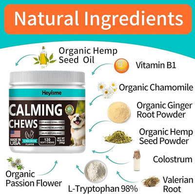 Calming Chews for Dogs, Dog Calming Treats with Hemp, Valerian Root, Organic Chamomile, Dog Anxiety Relief Aid with Thunder, Fireworks, Separation, Barking, Stress Relief (Chicken, 120 Chews)