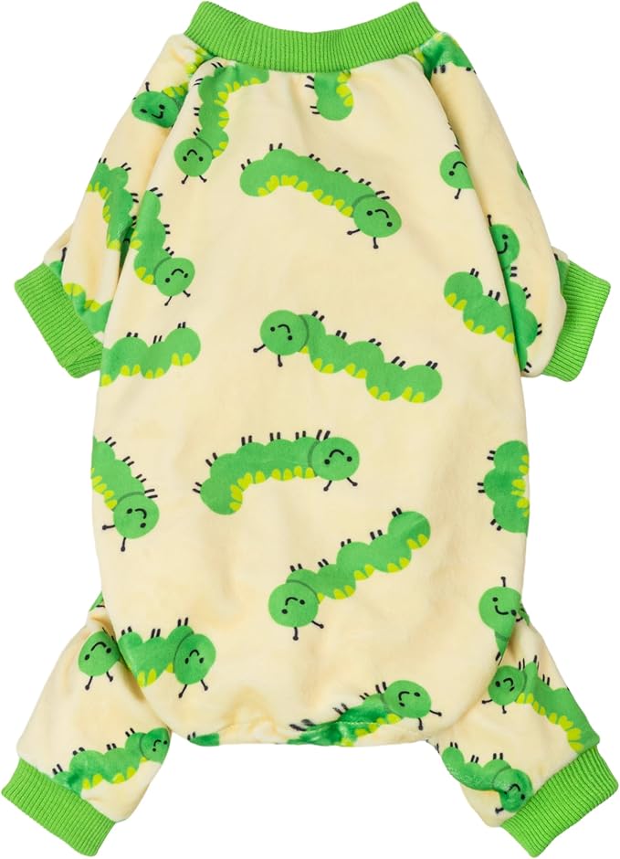 Fitwarm Caterpillar Dog Fleece Pajamas, Cozy Clothes for Small Dogs Boy Girl, Funny Pet Onesie, Beige, Green, Medium