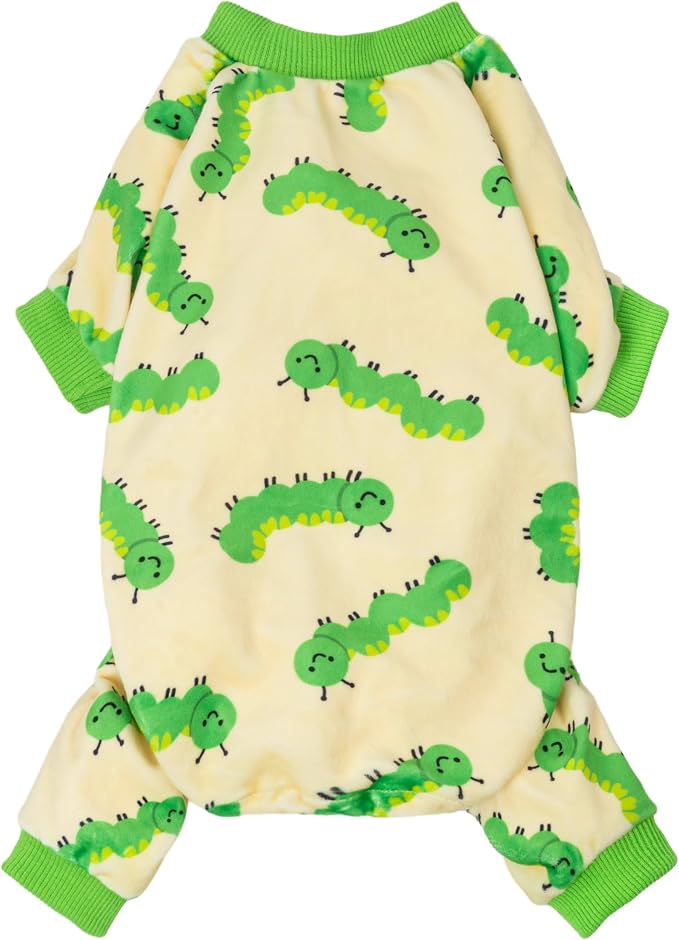 Fitwarm Caterpillar Dog Fleece Pajamas, Cozy Clothes for Small Dogs Boy Girl, Funny Pet Onesie, Beige, Green, XXL