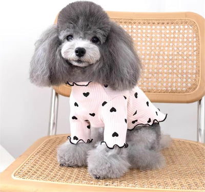 Pet Clothes for Small Dogs Cat Summer Fall Heart Print Shirt Stretchable Ruffle Long Sleeve Outfits for Chihuahua Schnauzer Shih Tzu Yorkie (Pink, X-Large)
