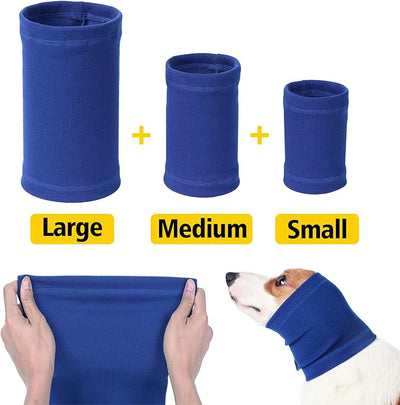 Dog Head Wrap - No Shake Quiet Ears for Dogs Anxiety Relief, Original Ear Covers Pet Calming Hoodie for Thunder, Lightning, Fireworks, Vet Visits, Grooming, High Stretch Ribbed Fabric, Blue L