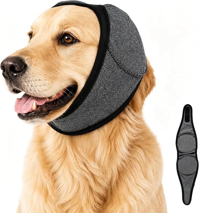 Quiet Ears for Dogs - Adjustable Ear Covers for Noise, No Shake Dog Head Wrap, Dog Calming Hood for Thunder, Lightning, Fireworks (Gray, Medium)