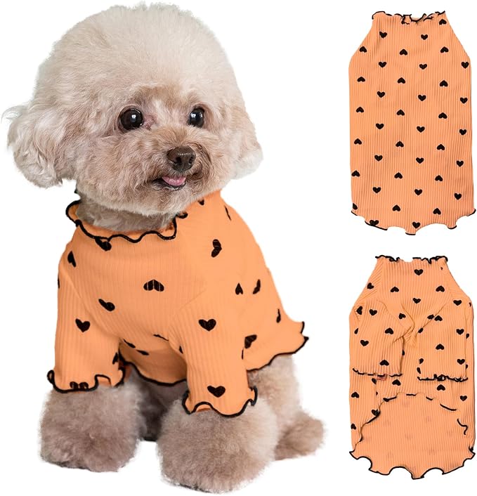 Pet Clothes for Small Dogs Cat Summer Fall Heart Print Shirt Stretchable Ruffle Long Sleeve Outfits for Chihuahua Schnauzer Shih Tzu Yorkie (Orange, Small)