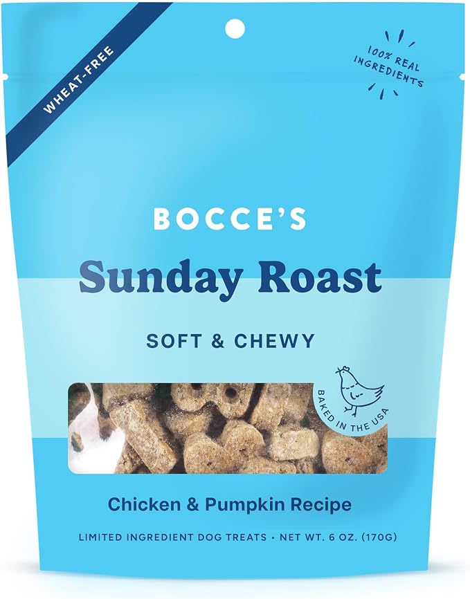 Bocce's Bakery Oven Baked Sunday Roast Treats for Dogs, Wheat-Free Everyday Dog Treats, Made with Real Ingredients, Baked in The USA, Natural Soft & Chewy Cookies, Chicken & Pumpkin Recipe, 6 oz